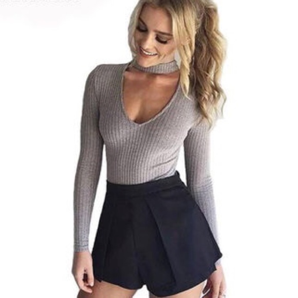 Grey Choker Keyhole Bodysuit Long Sleeve